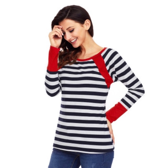 🍭 Plus Red Accent Navy Striped Long Sleeve Top - Picture 5 of 8
